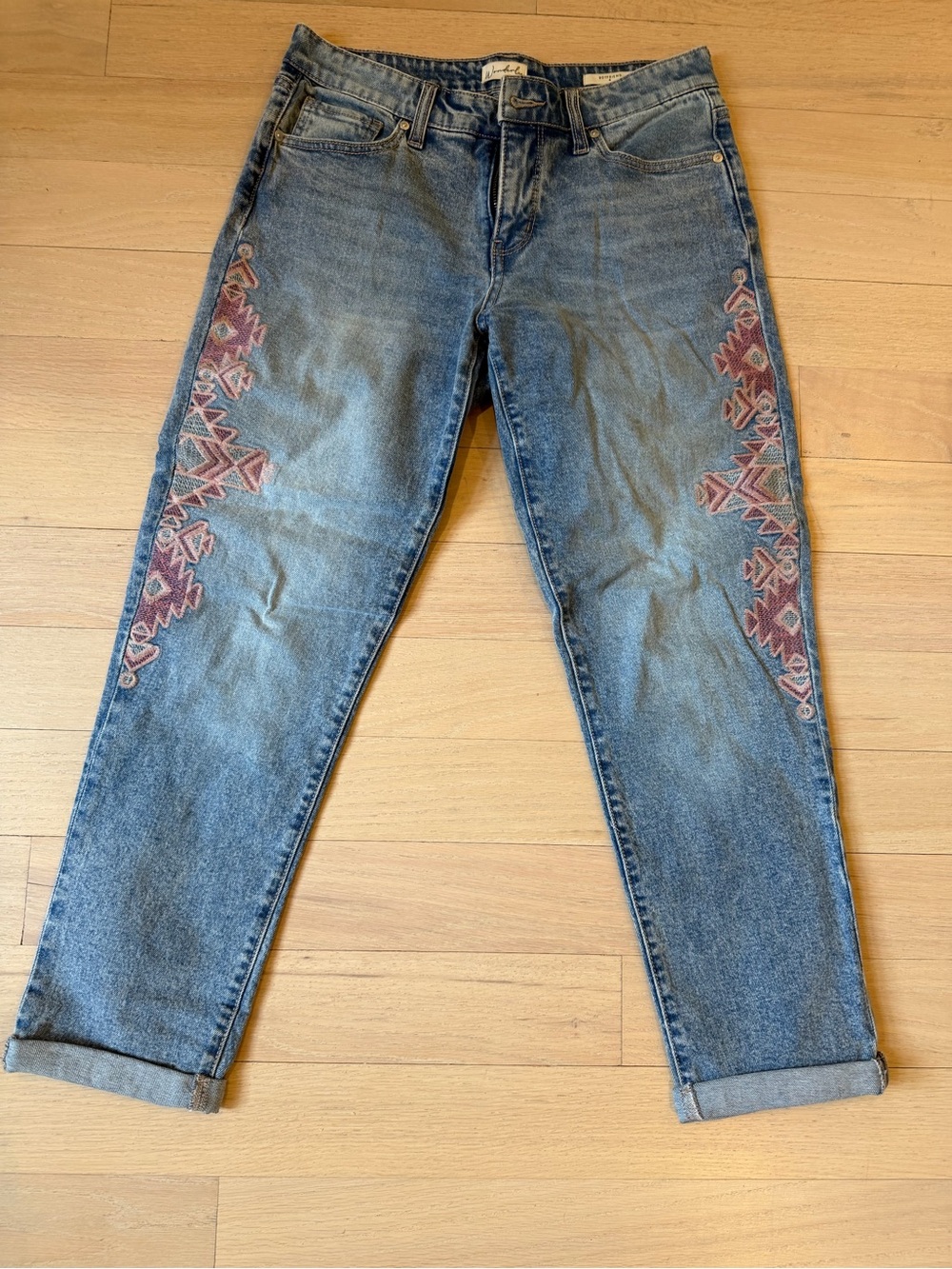 Wonderly Blue Denim Boyfriend Jeans with Pink Embroidered Sides